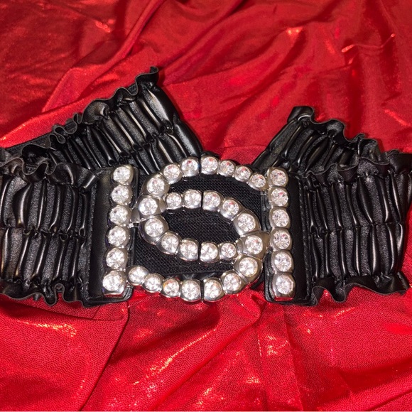 Bebe Silvertone Rhinestone Statement Buckle Faux Leather Corset Belt L/XL NWOT - Picture 1 of 5